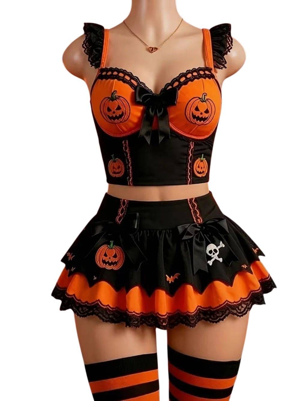Halloween Pumpkin Corset Crop Top & Skirt Set - Orange & Black Sz M